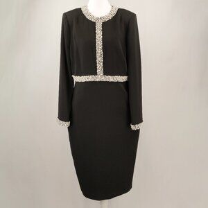 Badgley Mischka Crepe Crystal & Pearl Embellished Long Sleeve Midi Dress, Black